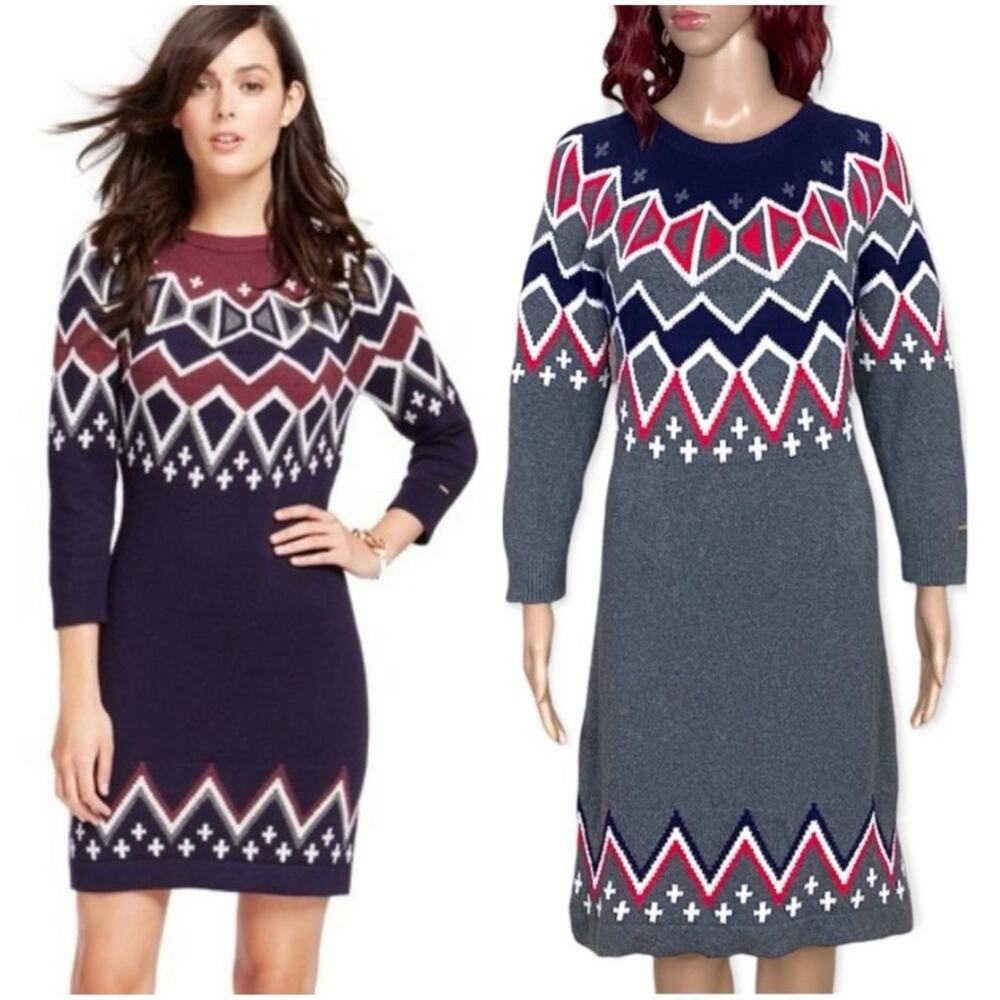 Tommy Hilfiger Fair Isle Knit Sweater Dress Large Gray Long Sleeve